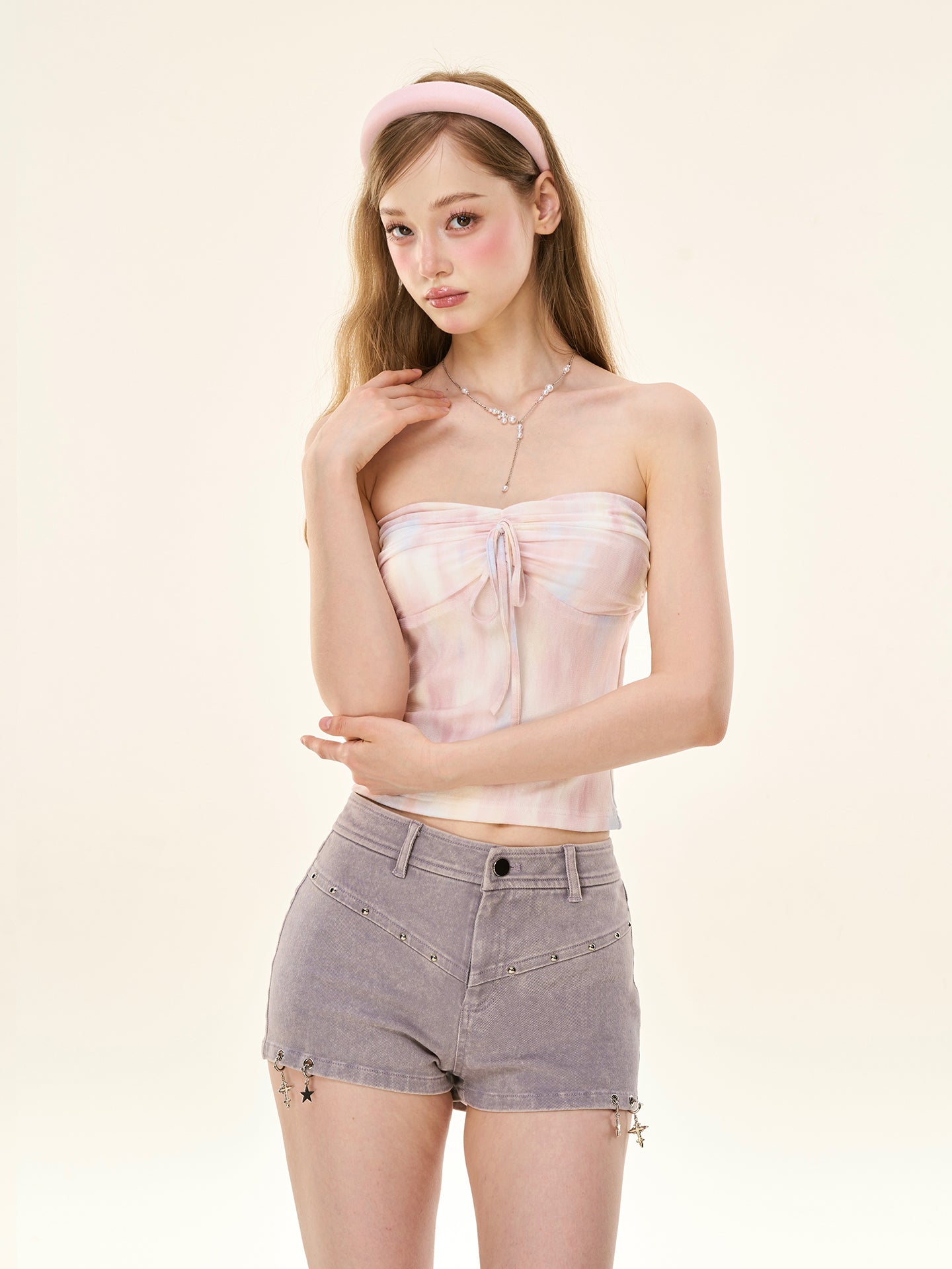 Gray-Tone Starlight Y2K Tie-Dye Tube Top & Denim Shorts Set