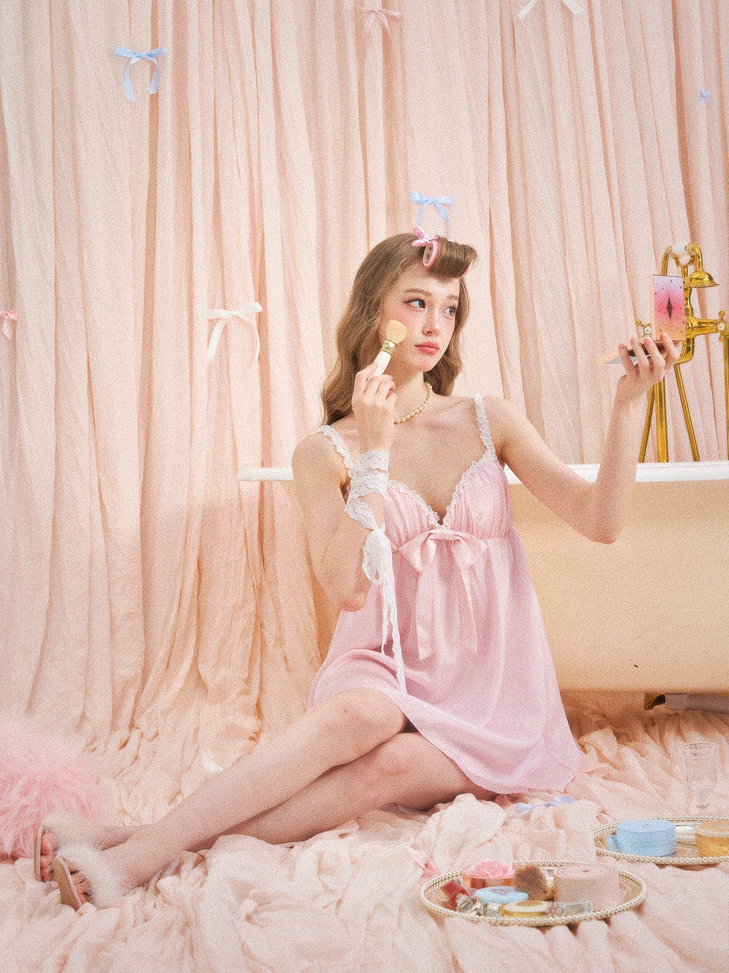 Peach Pink Soft Chiffon Feather Trim Pajama Dress Set