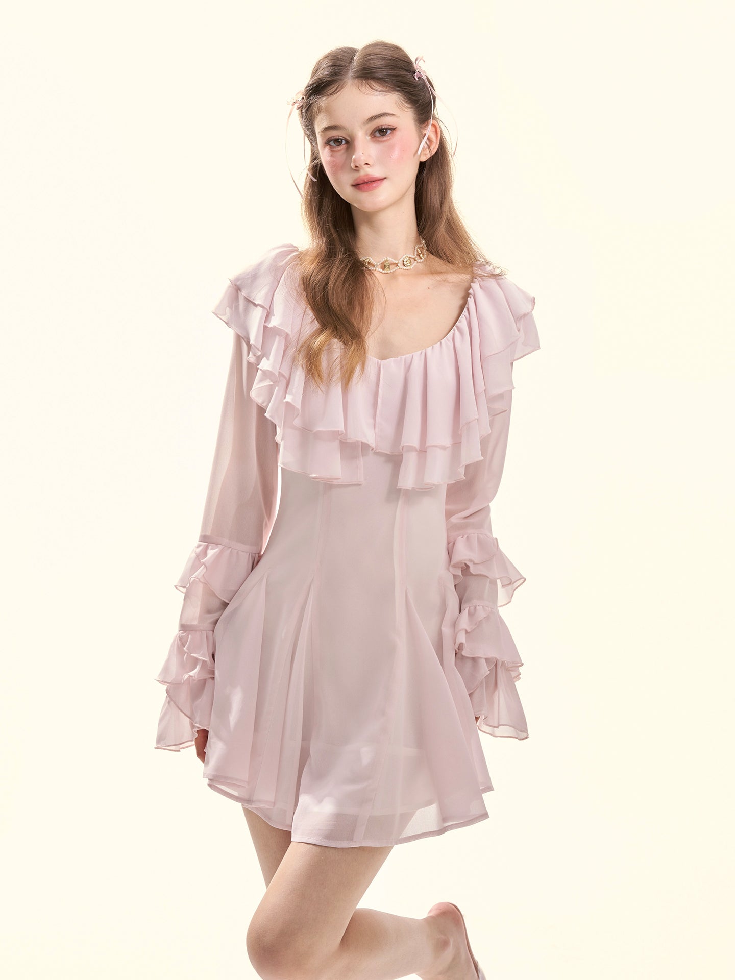 Sakura Lover Pink Ruffle Chiffon Mini Dress