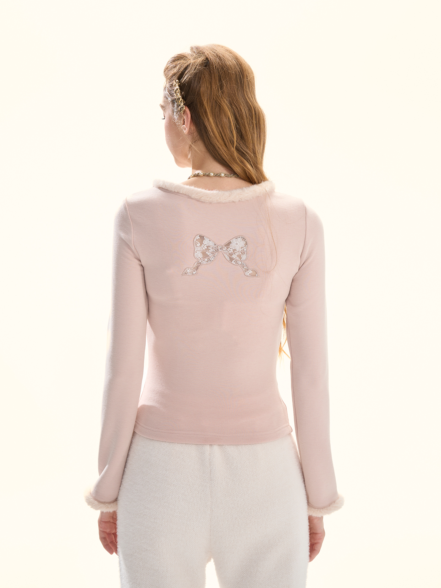 Pink Bow Brushed Knit Long Sleeve Top