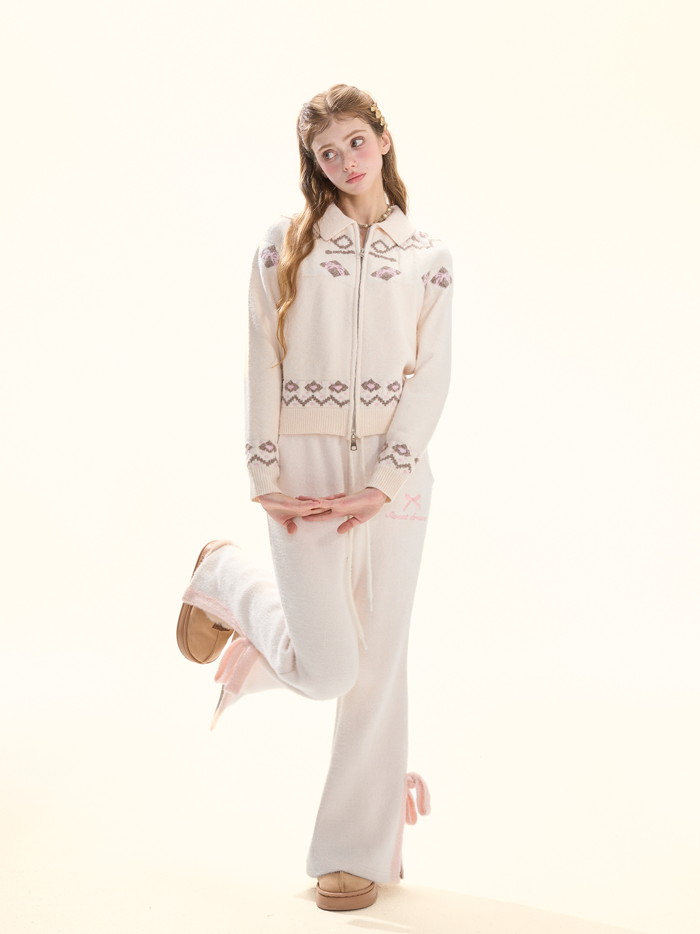 Cream White Fuzzy Knit Lounge Pants