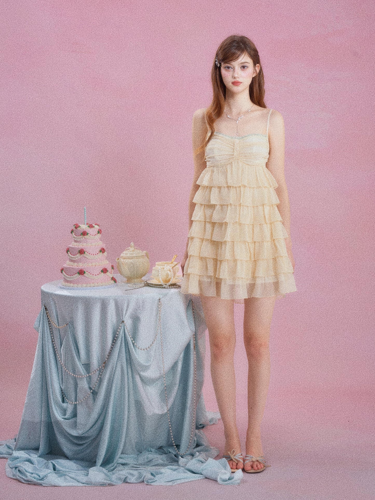 Yellow Ruffle Tiered Cami Dress Women Summer Sleeveless Flowy Cake Dress Slim Fit