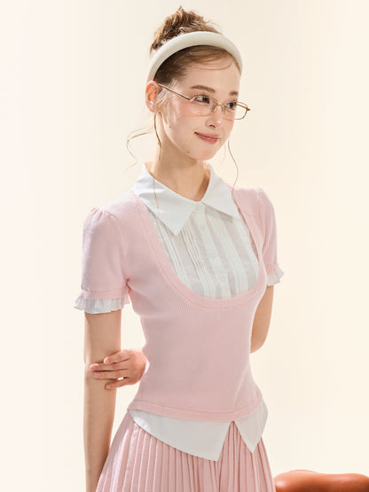 Pink Knit Vest Two-Piece Shirt & Pleated Skirt Set