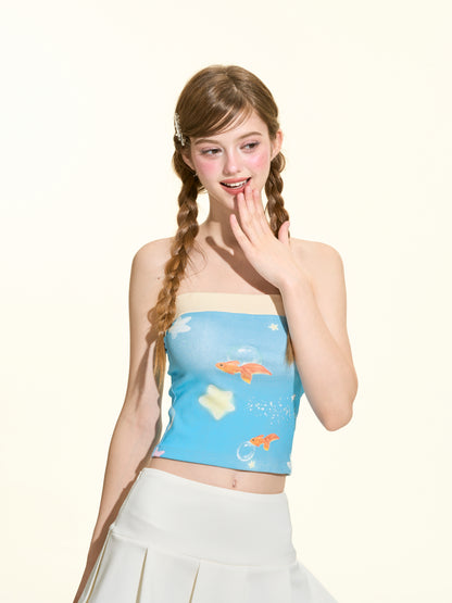 Blue Floral Strapless Tube Top – Slim Fit Sleeveless Cami
