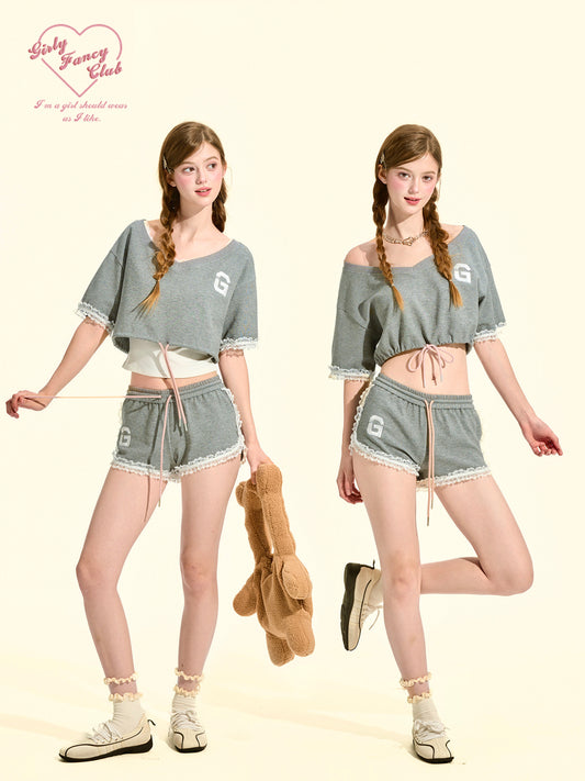 Grey Athleisure Crop Top & Shorts Set
