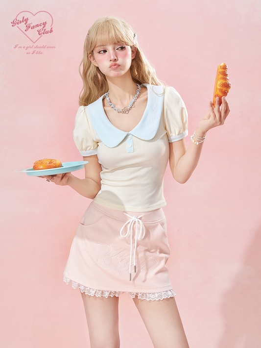 Sweetheart Cream Puff Sleeve Top & Bow Shorts Set