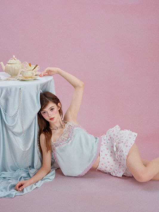 ⏳ Pre-order Information:Lazy Holiday Mint Green Satin Camisole Top Women Floral Lace Trim Tank