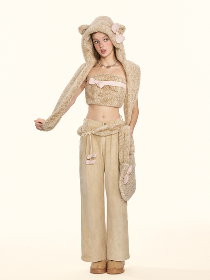 "Cappuccino" Khaki Suede Wide-Leg Trousers with Leopard Trim