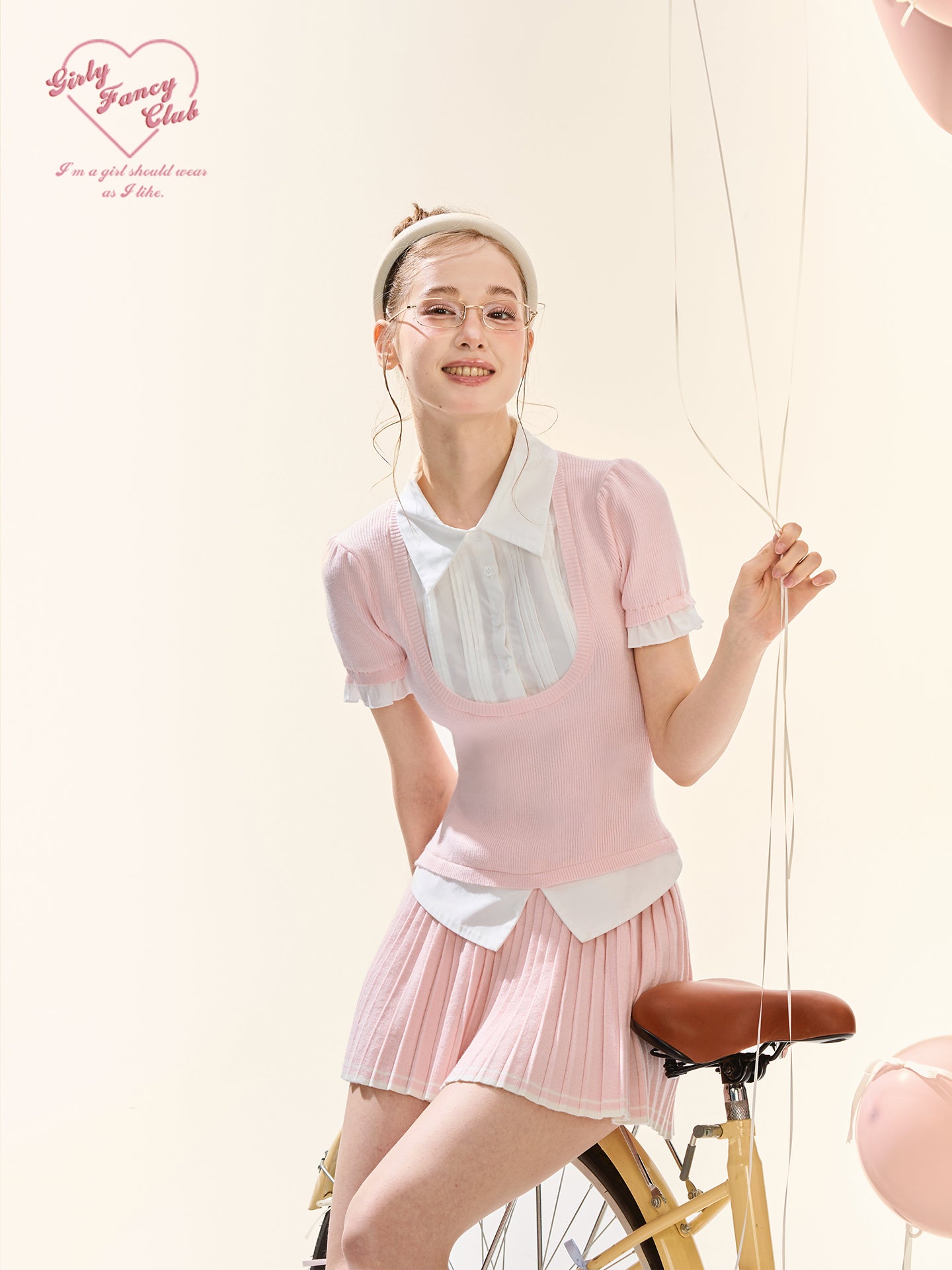 Pink Knit Vest Two-Piece Shirt & Pleated Skirt Set