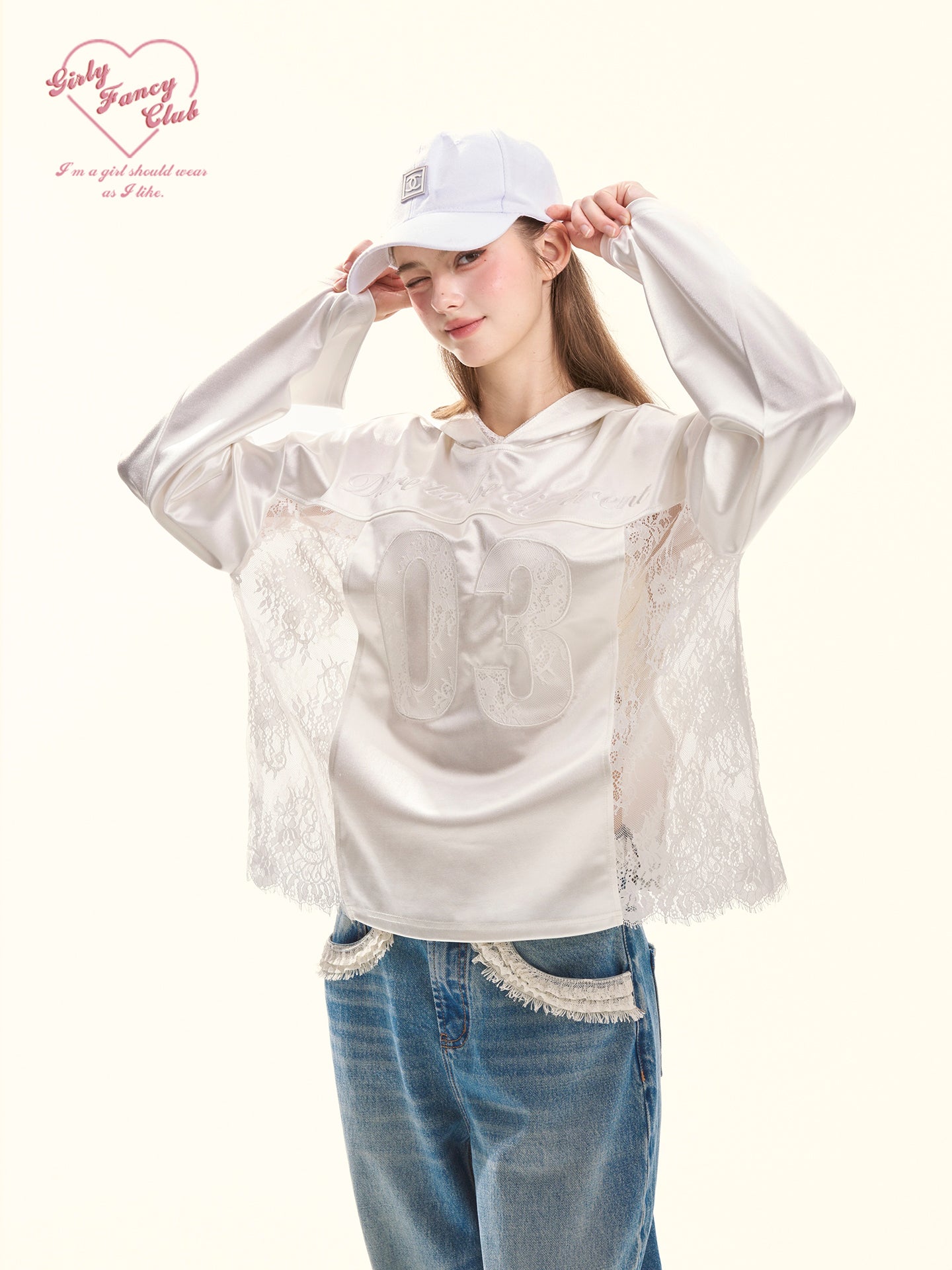 Spring Blokette Lace-Trim Satin Oversized Hoodie Top