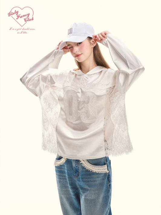 Spring Blokette Lace-Trim Satin Oversized Hoodie Top