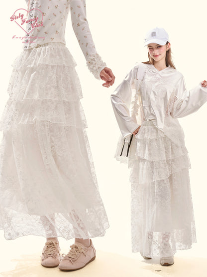 Coquette White Tiered Lace A-Line Midi Skirt