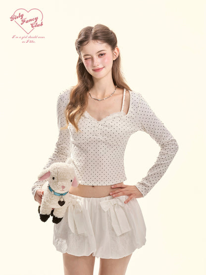 Polka Dot Crush Lace-Trim Long Sleeve Knit Top