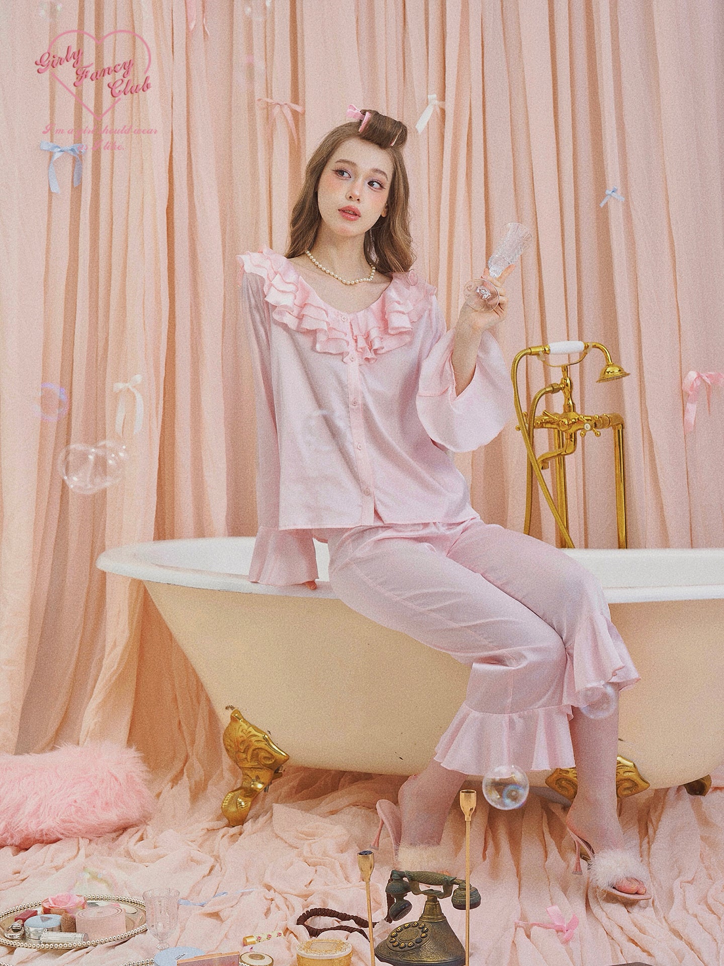 Pink Satin Feather Trim Pajama Set