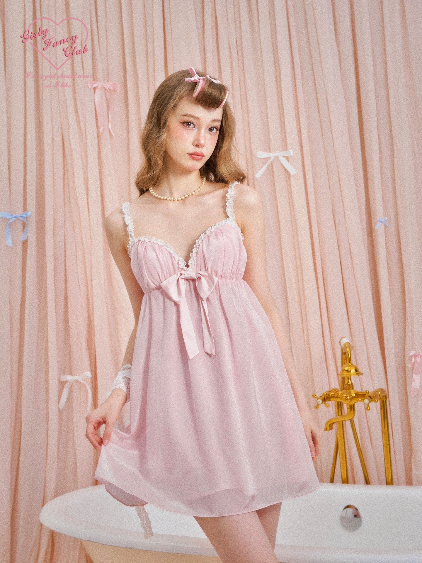 Peach Pink Soft Chiffon Feather Trim Pajama Dress Set