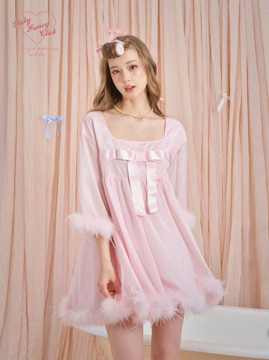 Pink Satin Ruffle Home Dress