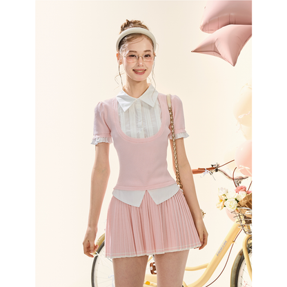 Pink Knit Vest Two-Piece Shirt & Pleated Skirt Set
