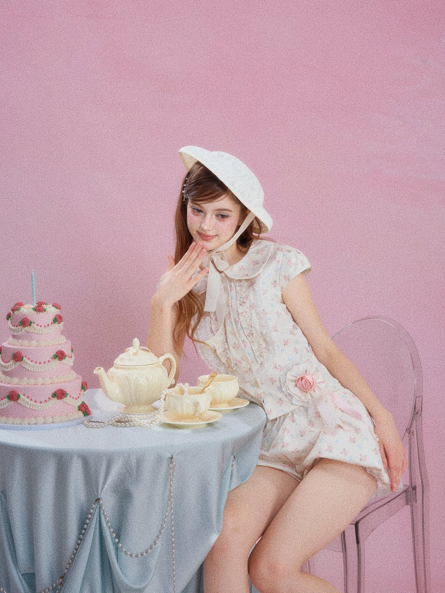 French Floral Ruffle Peter Pan Collar Top & Shorts Two-Piece Set