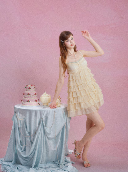 Yellow Ruffle Tiered Cami Dress Women Summer Sleeveless Flowy Cake Dress Slim Fit