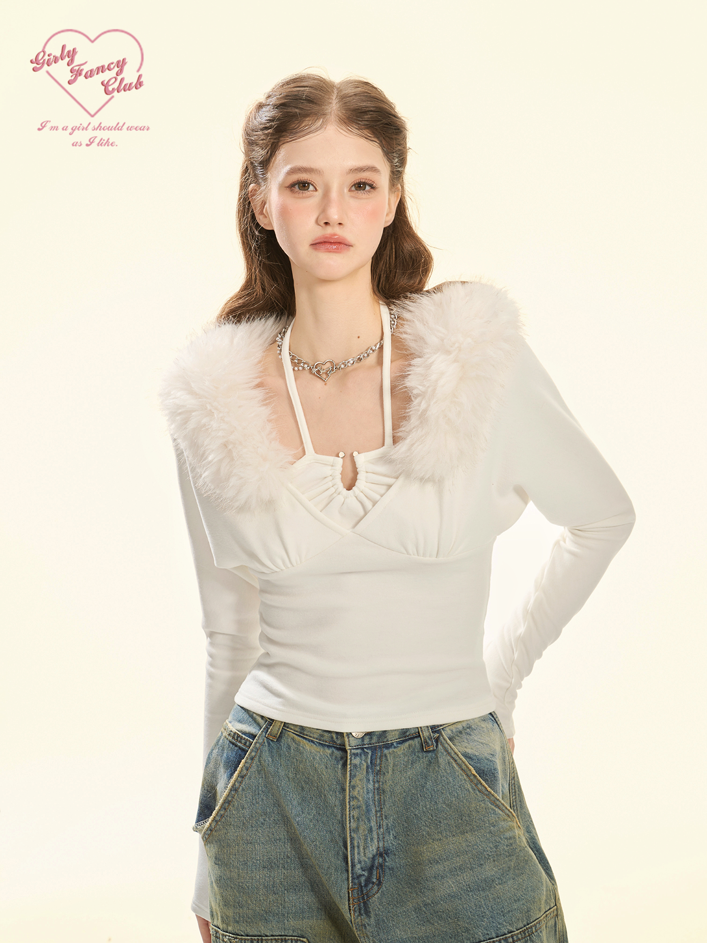 Fleece Sweetheart White Long Sleeve Knit Top