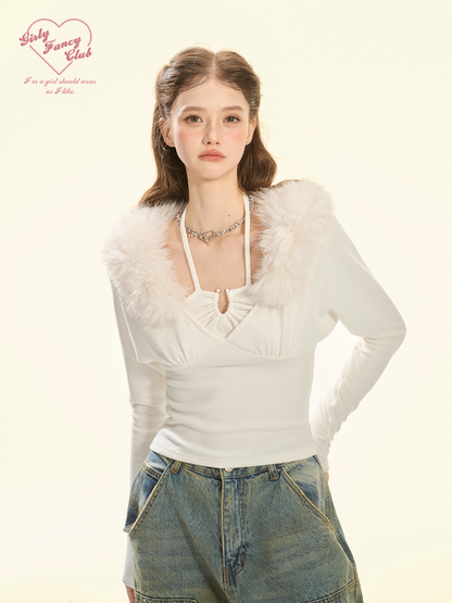 Fleece Sweetheart White Long Sleeve Knit Top