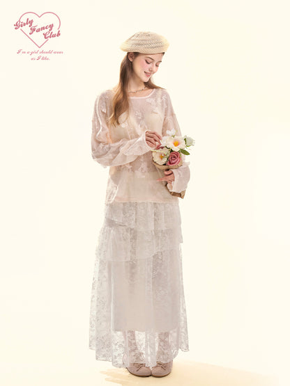 Coquette White Tiered Lace A-Line Midi Skirt