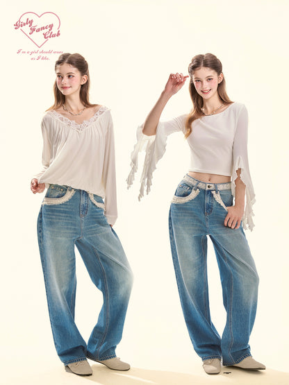 Sweet Cool Lace-Trim Washed Wide-Leg Jeans