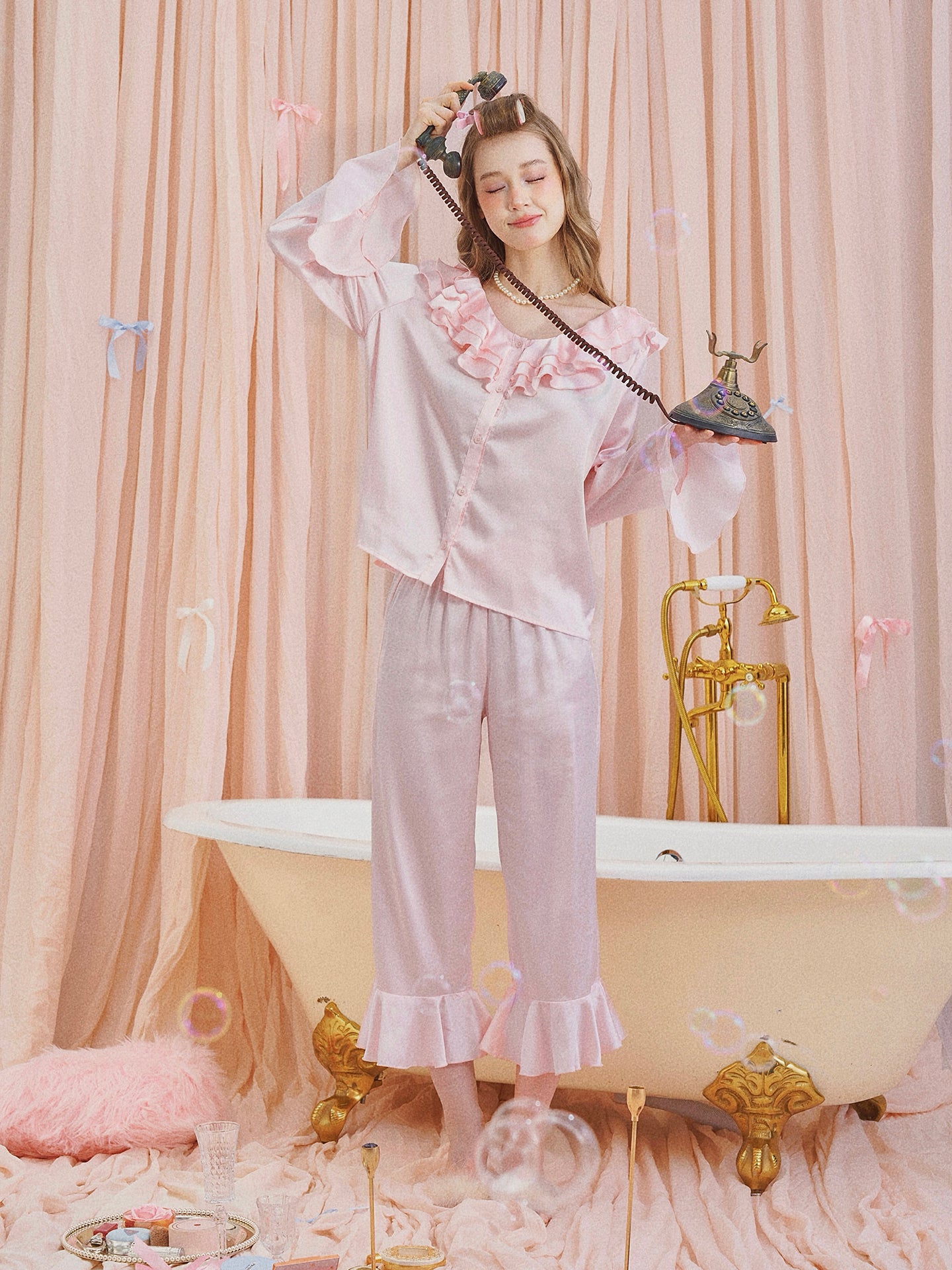 Pink Satin Feather Trim Pajama Set