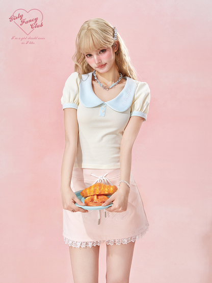 Sweetheart Cream Puff Sleeve Top & Bow Shorts Set