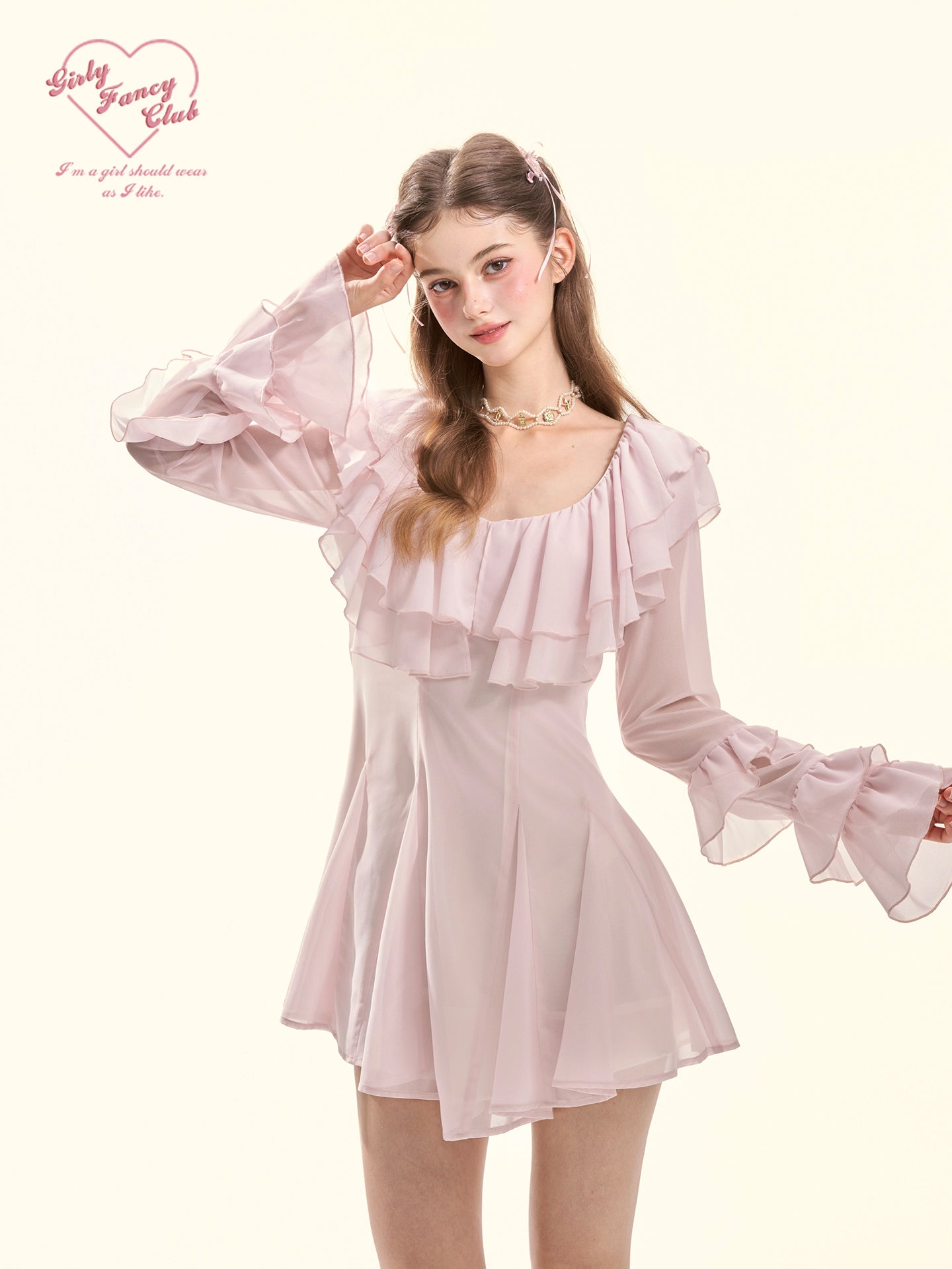 Sakura Lover Pink Ruffle Chiffon Mini Dress