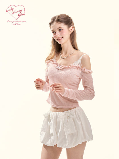 Spring Crush Pink Lace-Trim Off-Shoulder Knit Top