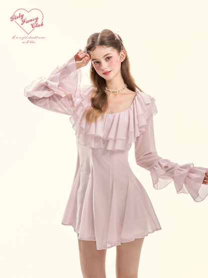 Sakura Lover Pink Ruffle Chiffon Mini Dress