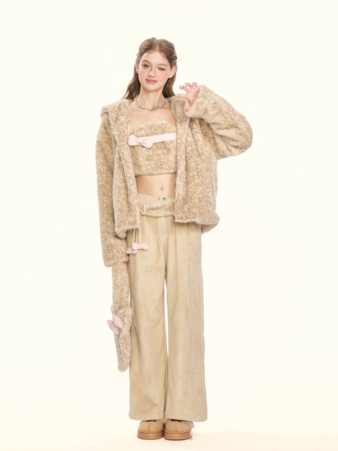 "Cappuccino" Khaki Suede Wide-Leg Trousers with Leopard Trim