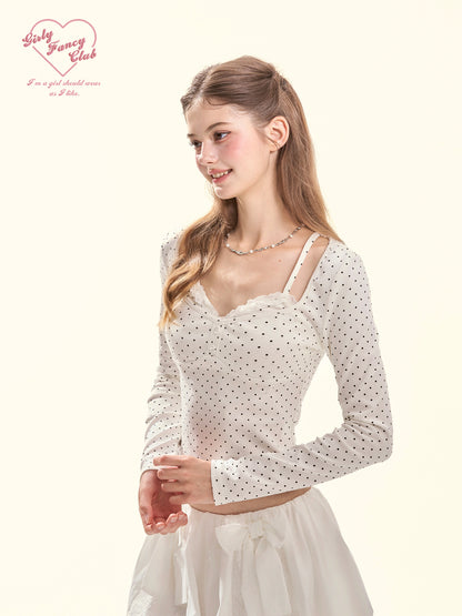 Polka Dot Crush Lace-Trim Long Sleeve Knit Top