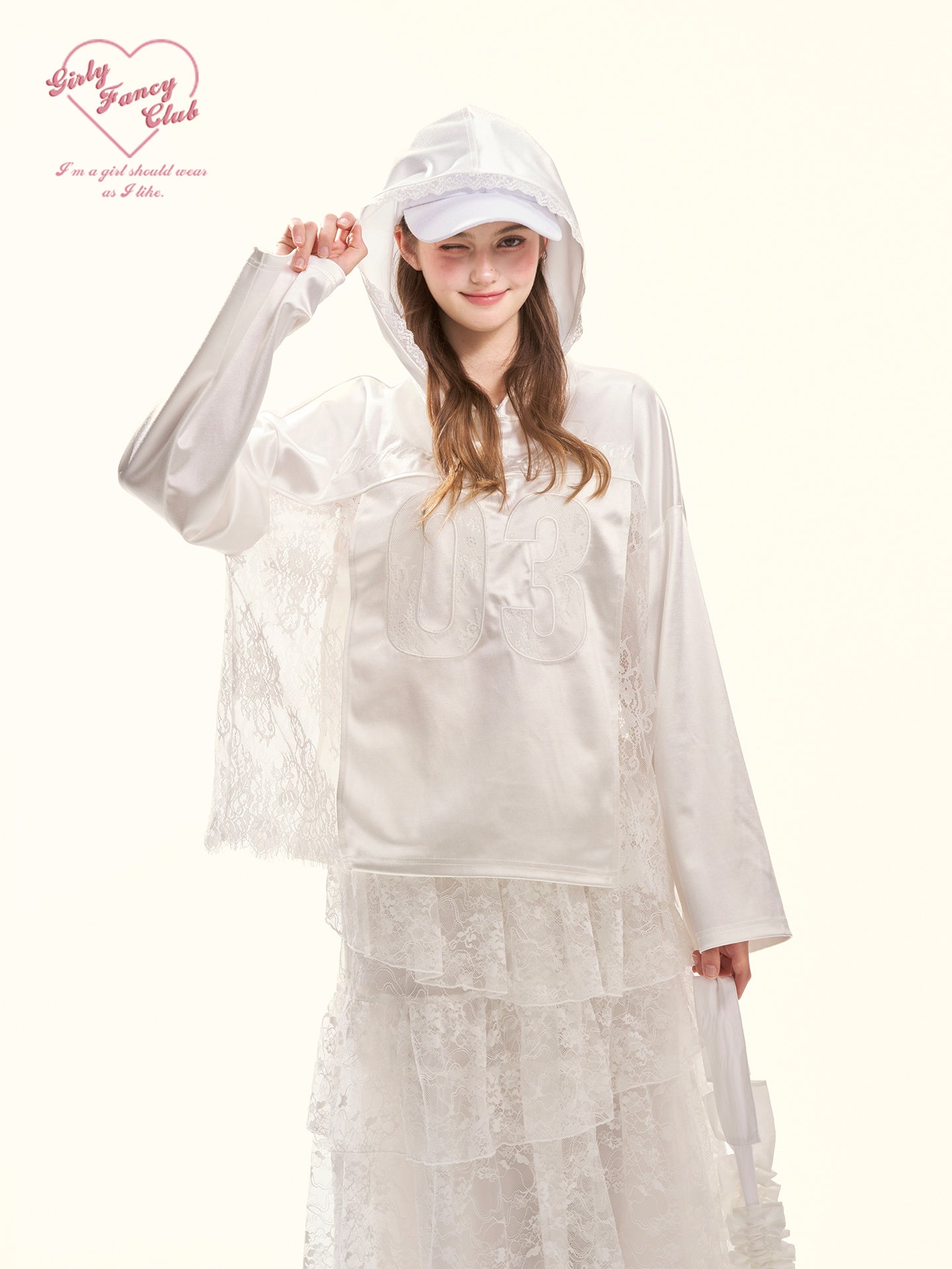 Spring Blokette Lace-Trim Satin Oversized Hoodie Top