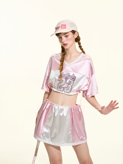 Colorblock Shiny Sporty Quick Dry Tee Women Loose Satin Athletic Jersey Style Top