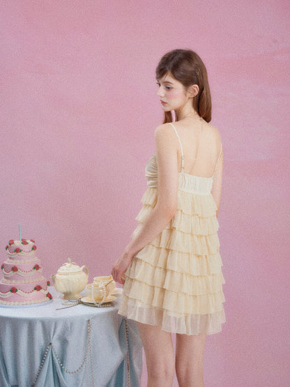 Yellow Ruffle Tiered Cami Dress Women Summer Sleeveless Flowy Cake Dress Slim Fit