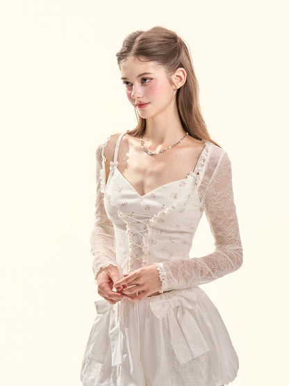 Cream Cloud Floral Lace Layered Knit Top