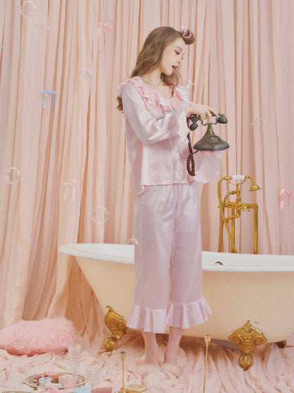 Pink Satin Feather Trim Pajama Set