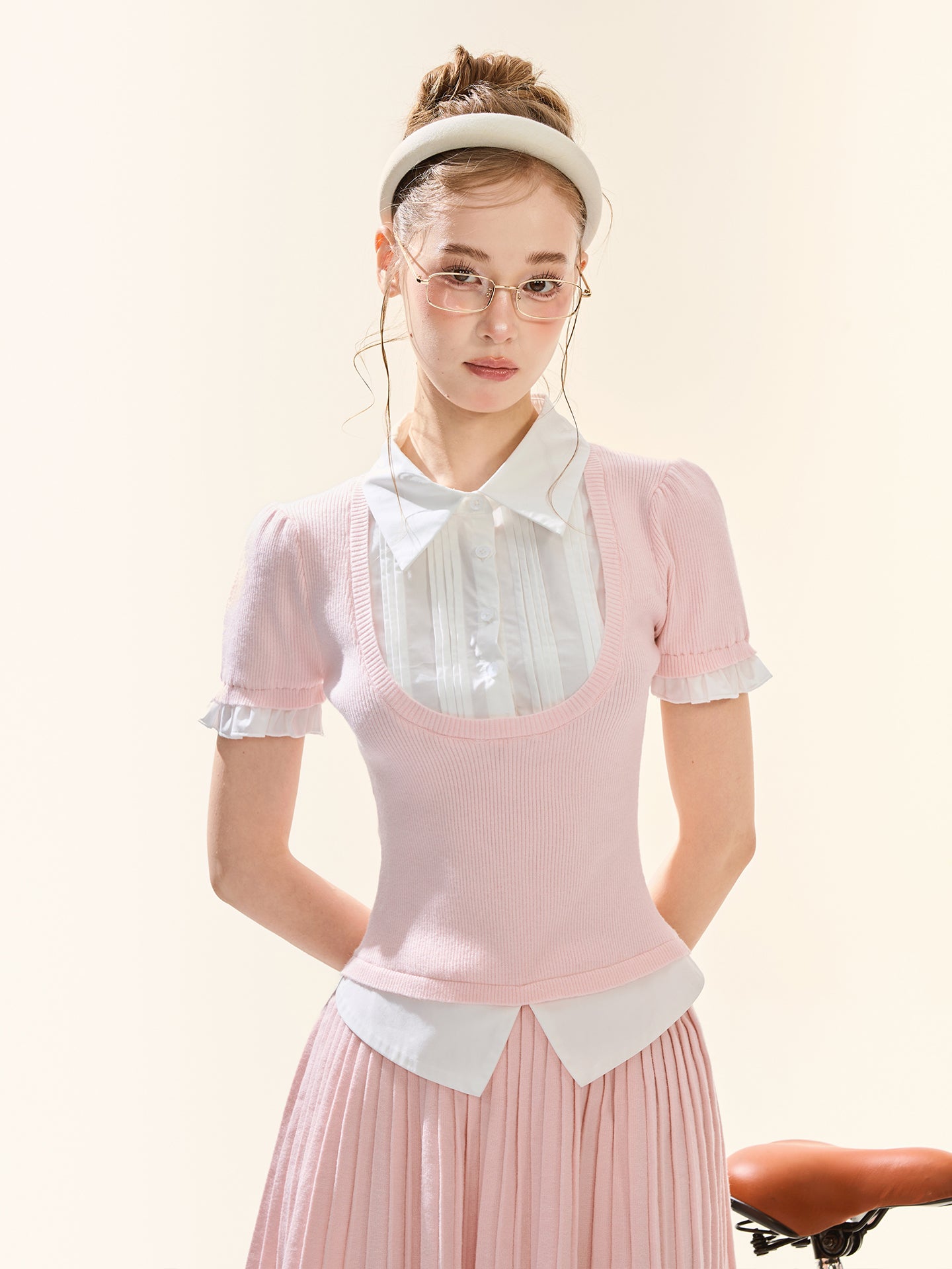Pink Knit Vest Two-Piece Shirt & Pleated Skirt Set