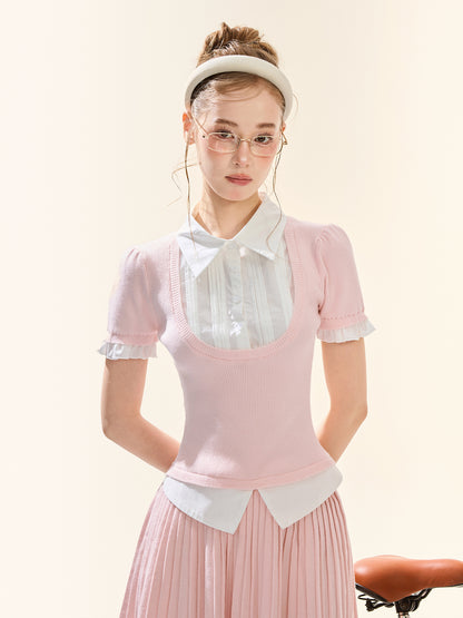 Pink Knit Vest Two-Piece Shirt & Pleated Skirt Set