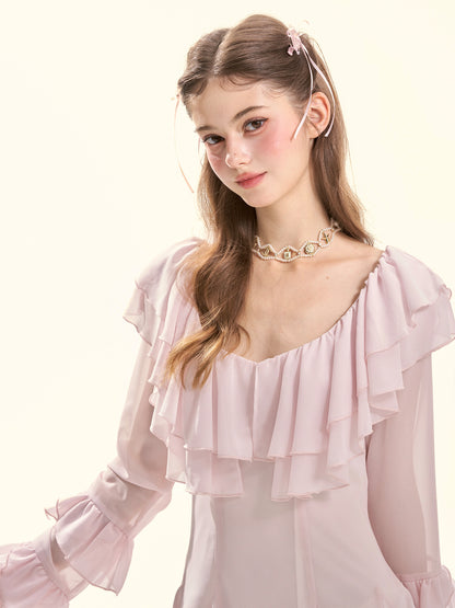 Sakura Lover Pink Ruffle Chiffon Mini Dress