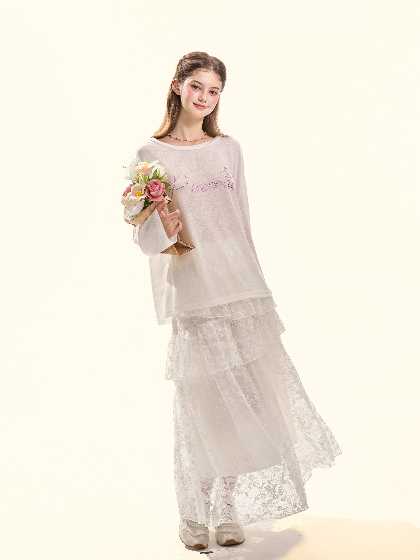 Coquette White Tiered Lace A-Line Midi Skirt