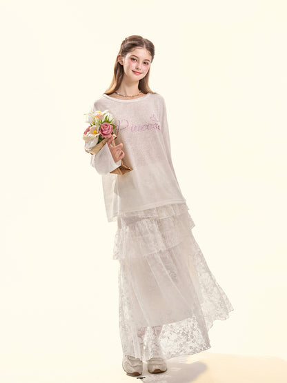 Coquette White Tiered Lace A-Line Midi Skirt