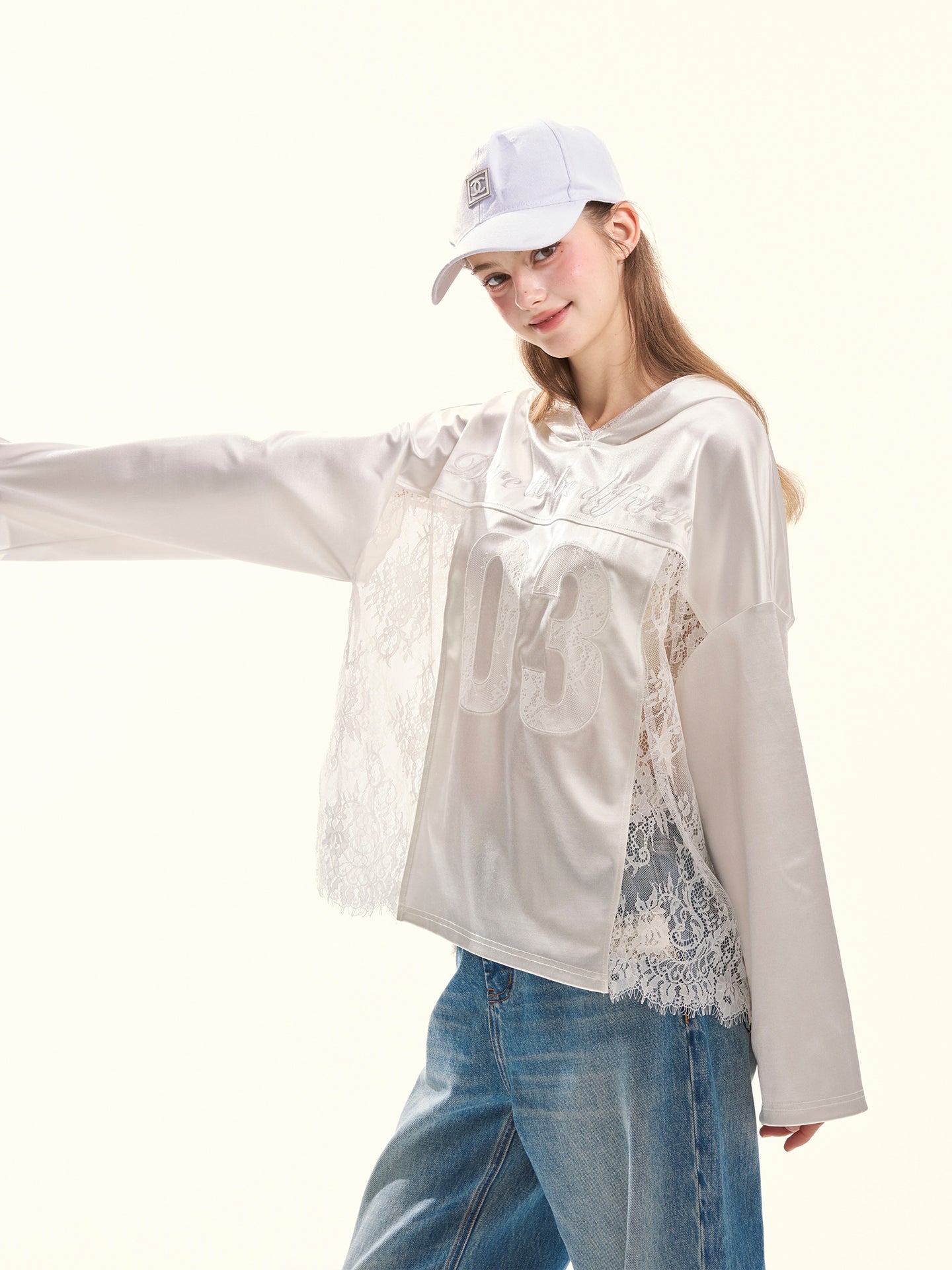 Spring Blokette Lace-Trim Satin Oversized Hoodie Top
