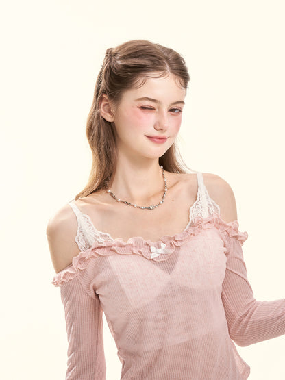 Spring Crush Pink Lace-Trim Off-Shoulder Knit Top