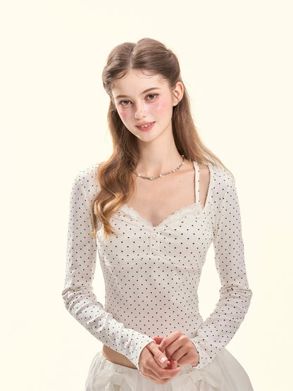 Polka Dot Crush Lace-Trim Long Sleeve Knit Top