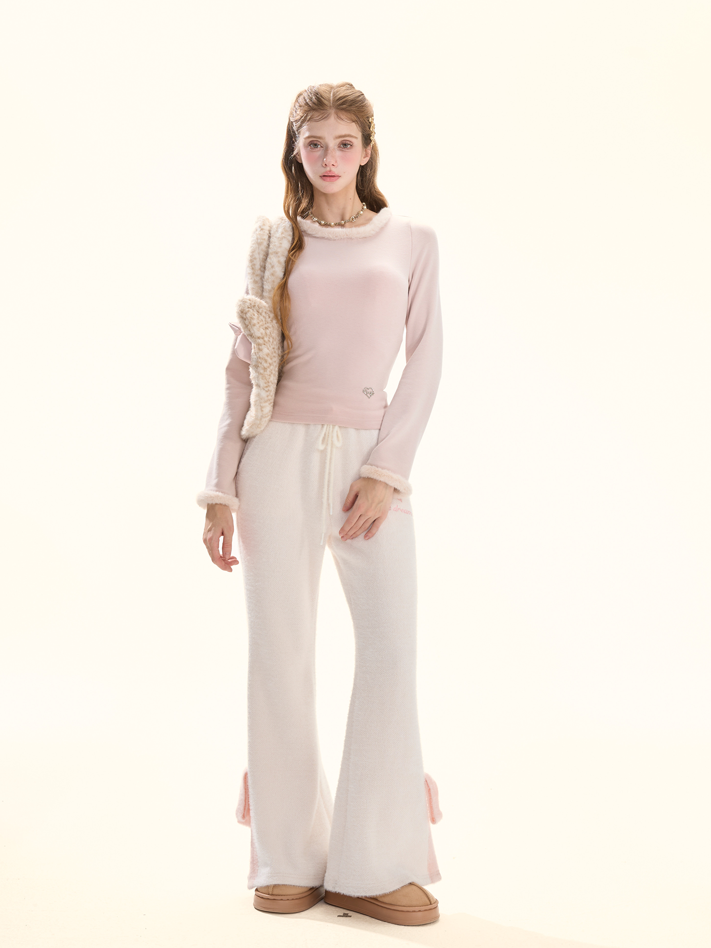 Cream White Fuzzy Knit Lounge Pants