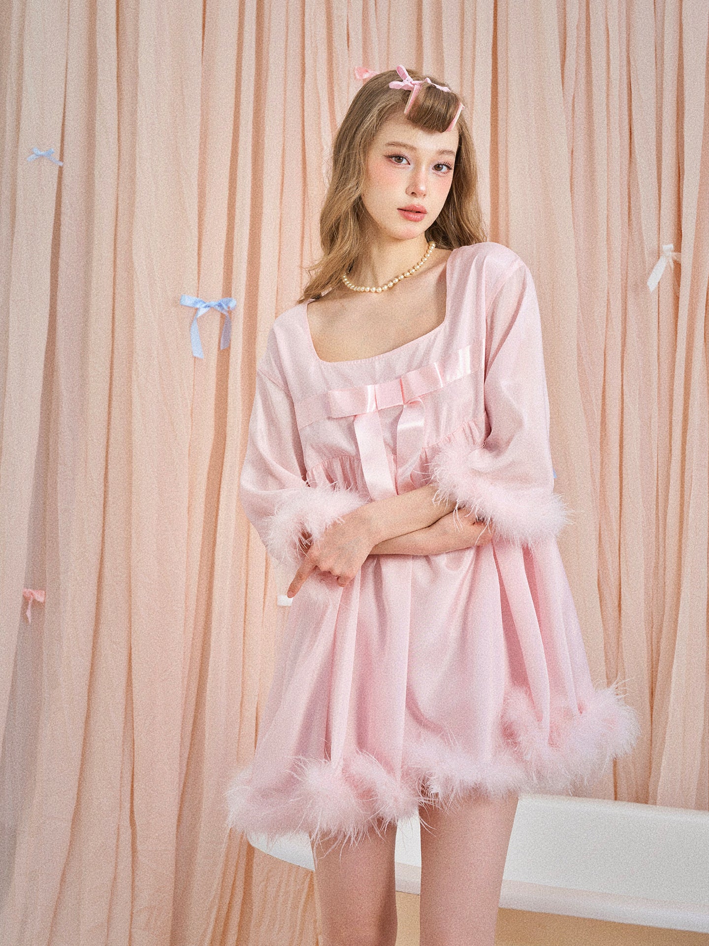 Pink Satin Ruffle Home Dress