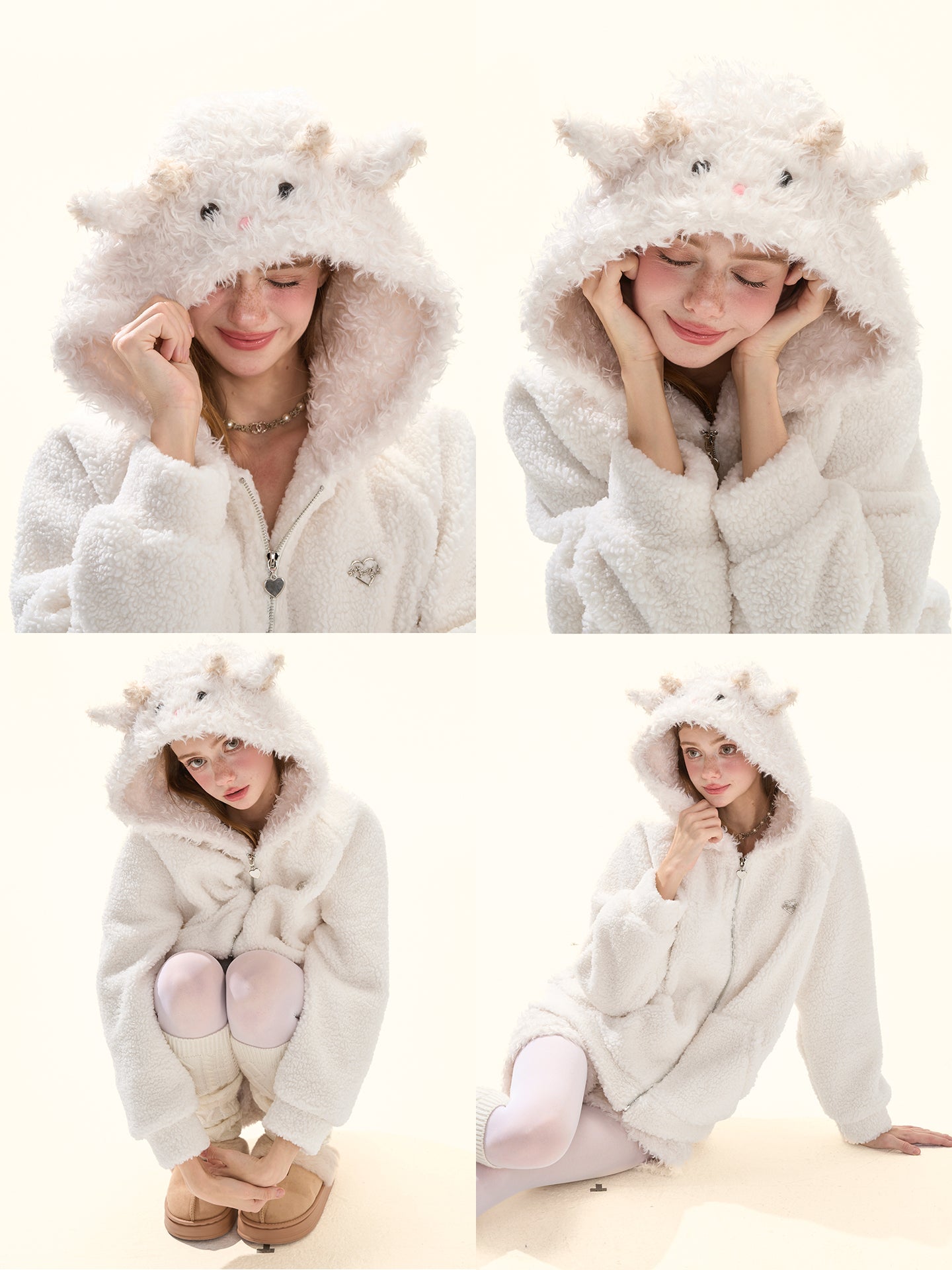 Cream White Fleece Jacket and Shorts Set